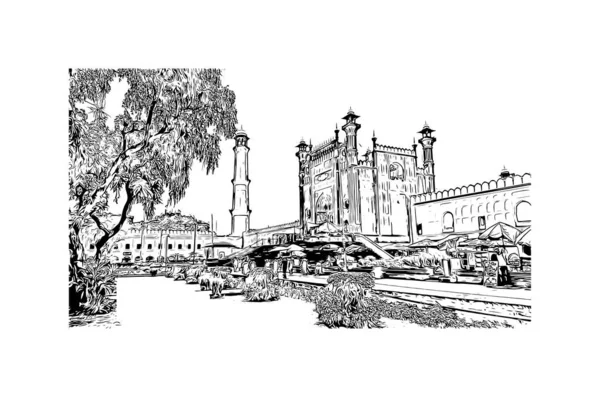 Прінт Білдінг Орієнтиром Лахора Місто Пакистані Намальована Вручну Ілюстрація Векторі — стоковий вектор