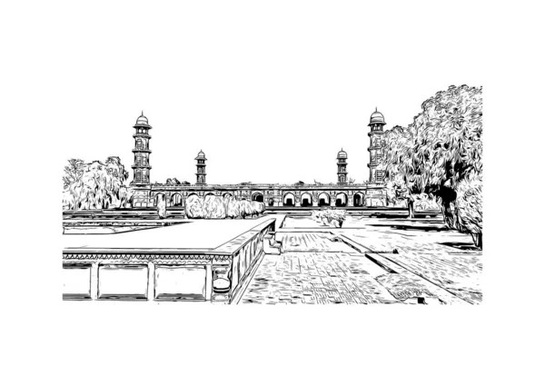 Imprimir Vista Del Edificio Con Punto Referencia Lahore Ciudad Pakistán — Vector de stock