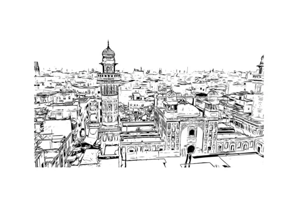 Lahor 'un simgesi olan Print Building View Pakistan' da yer almaktadır. Vektörde elle çizilmiş çizim çizimi.