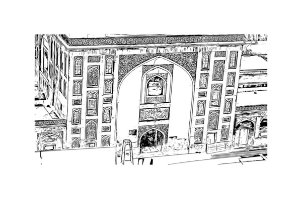 Print Building View Landmark Lahore Staden Pakistan Handritad Skiss Illustration — Stock vektor