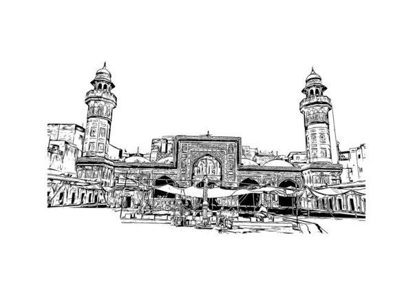 Print Building View Landmark Lahore Város Pakisztánban Kézzel Rajzolt Vázlat — Stock Vector