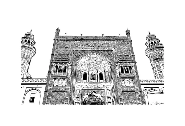 Vytisknout Pohled Budovu Orientačním Bodem Lahore Město Pákistánu Ručně Kreslená — Stockový vektor