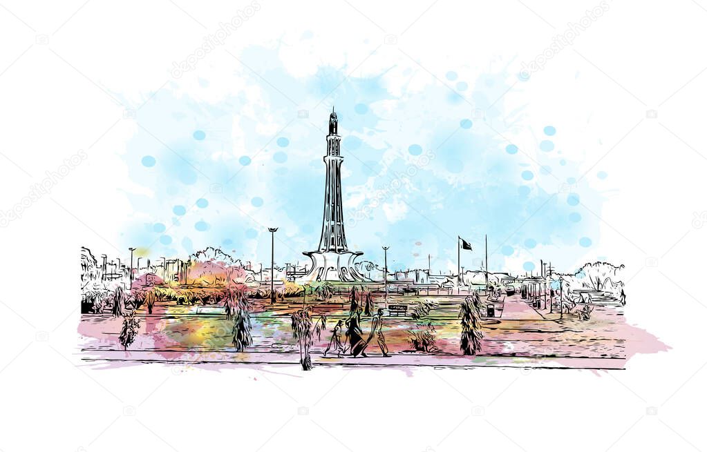 Print Building view with landmark of Lahore is the city in Pakistan. Watercolor splash with hand drawn sketch illustration in vector.