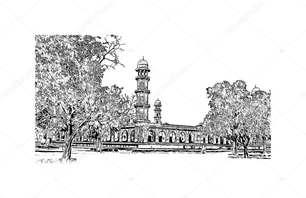 Print Building view with landmark of Lahore is the city in Pakistan. Hand drawn sketch illustration in vector.