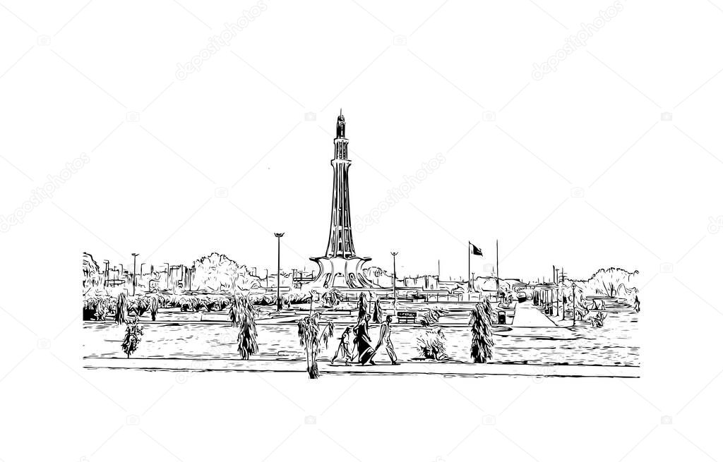 Print Building view with landmark of Lahore is the city in Pakistan. Hand drawn sketch illustration in vector.