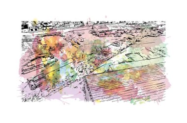 Print Building view with landmark of Ingolstadt is the city in Germany. Vektörde elle çizilmiş resim ile suluboya sıçraması.