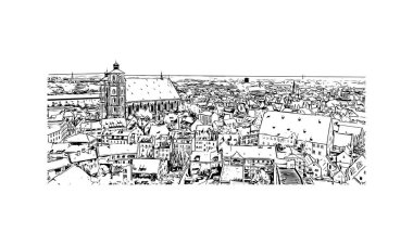Print Building view with landmark of Ingolstadt is the city in Germany. Vektörde elle çizilmiş çizim çizimi.