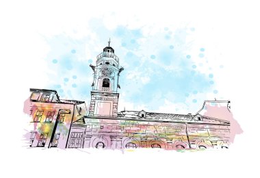 Print Building view with landmark of Innsbruck is the city in Austria. Vektörde elle çizilmiş resim ile suluboya sıçraması.