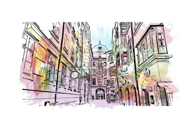 Print Building view with landmark of Innsbruck is the city in Austria. Vektörde elle çizilmiş resim ile suluboya sıçraması.