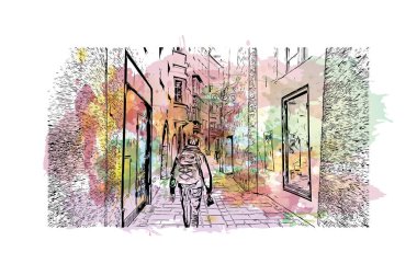 Print Building view with landmark of Innsbruck is the city in Austria. Vektörde elle çizilmiş resim ile suluboya sıçraması.