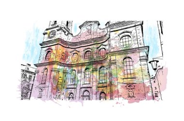 Print Building view with landmark of Innsbruck is the city in Austria. Vektörde elle çizilmiş resim ile suluboya sıçraması.