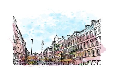 Print Building view with landmark of Innsbruck is the city in Austria. Vektörde elle çizilmiş resim ile suluboya sıçraması.