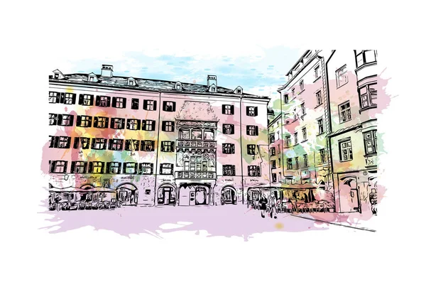 Vytisknout Pohled Budovu Orientačním Bodem Innsbruck Město Rakousku Akvarelové Stříknutí — Stockový vektor