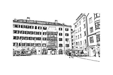 Print Building view with landmark of Innsbruck is the city in Austria. Vektörde elle çizilmiş çizim çizimi.
