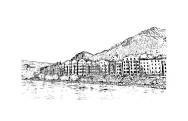 Print Building view with landmark of Innsbruck is the city in Austria. Vektörde elle çizilmiş çizim çizimi.