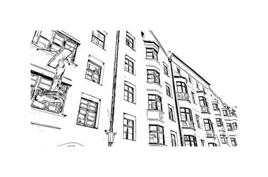 Print Building view with landmark of Innsbruck is the city in Austria. Vektörde elle çizilmiş çizim çizimi.