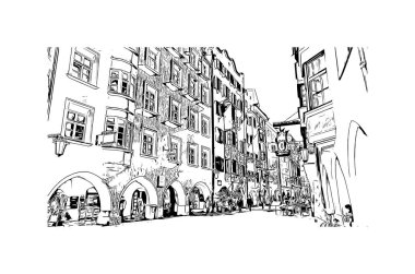 Print Building view with landmark of Innsbruck is the city in Austria. Vektörde elle çizilmiş çizim çizimi.