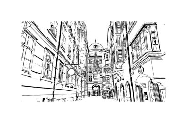 Print Building view with landmark of Innsbruck is the city in Austria. Vektörde elle çizilmiş çizim çizimi.