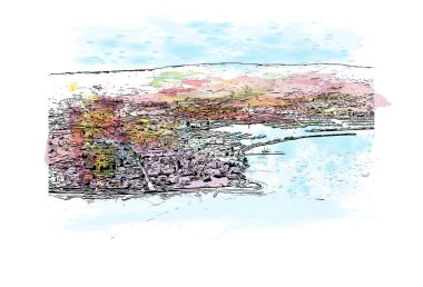 Slovenya 'nın İzola kentinin tarihi yapısına sahip Print Building view. Vektörde elle çizilmiş resim ile suluboya sıçraması.