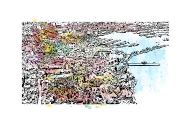 Slovenya 'nın İzola kentinin tarihi yapısına sahip Print Building view. Vektörde elle çizilmiş resim ile suluboya sıçraması.