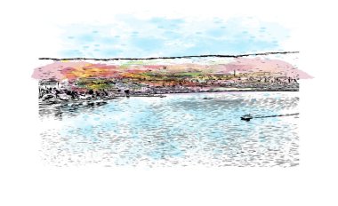 Slovenya 'nın İzola kentinin tarihi yapısına sahip Print Building view. Vektörde elle çizilmiş resim ile suluboya sıçraması.