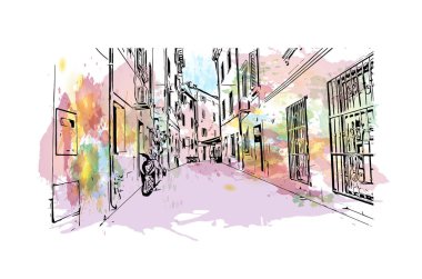 Slovenya 'nın İzola kentinin tarihi yapısına sahip Print Building view. Vektörde elle çizilmiş resim ile suluboya sıçraması.