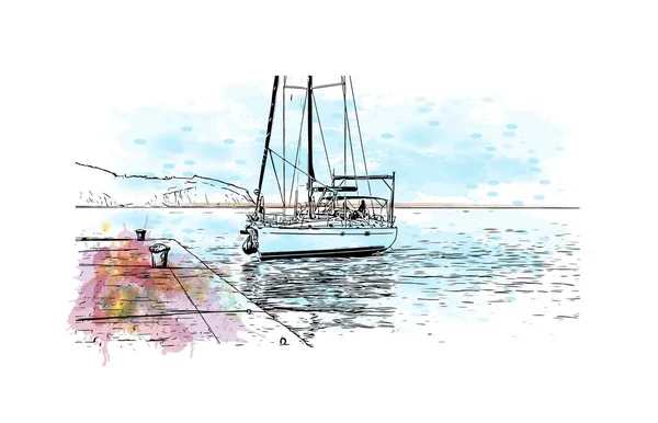 Imprimer Ville Izola Est Située Slovénie Aquarelle Éclaboussure Avec Dessin — Image vectorielle