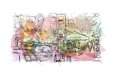 Slovenya 'nın İzola kentinin tarihi yapısına sahip Print Building view. Vektörde elle çizilmiş resim ile suluboya sıçraması.