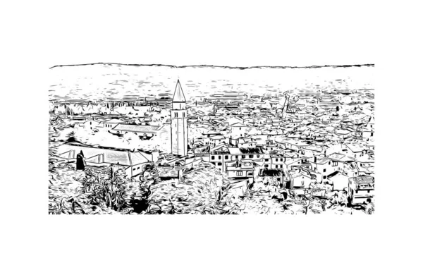 Stampa Vista Edificio Con Punto Riferimento Izola Città Slovenia Illustrazione — Vettoriale Stock