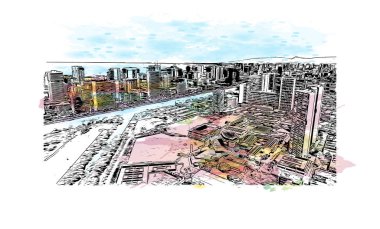 Honolulu 'nun simgesi olan Print Building View Hawaii' de bulunmaktadır. Vektörde elle çizilmiş resim ile suluboya sıçraması.