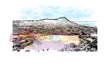 Honolulu 'nun simgesi olan Print Building View Hawaii' de bulunmaktadır. Vektörde elle çizilmiş resim ile suluboya sıçraması.