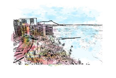 Honolulu 'nun simgesi olan Print Building View Hawaii' de bulunmaktadır. Vektörde elle çizilmiş resim ile suluboya sıçraması.