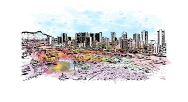 Honolulu 'nun simgesi olan Print Building View Hawaii' de bulunmaktadır. Vektörde elle çizilmiş resim ile suluboya sıçraması.