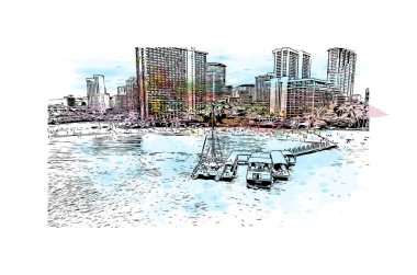 Honolulu 'nun simgesi olan Print Building View Hawaii' de bulunmaktadır. Vektörde elle çizilmiş resim ile suluboya sıçraması.