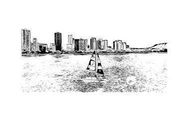 Honolulu 'nun simgesi olan Print Building View Hawaii' de bulunmaktadır. Vektörde elle çizilmiş çizim çizimi.