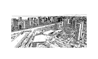 Honolulu 'nun simgesi olan Print Building View Hawaii' de bulunmaktadır. Vektörde elle çizilmiş çizim çizimi.