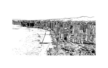 Honolulu 'nun simgesi olan Print Building View Hawaii' de bulunmaktadır. Vektörde elle çizilmiş çizim çizimi.