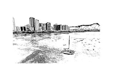 Honolulu 'nun simgesi olan Print Building View Hawaii' de bulunmaktadır. Vektörde elle çizilmiş çizim çizimi.