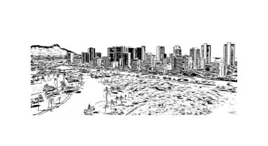 Honolulu 'nun simgesi olan Print Building View Hawaii' de bulunmaktadır. Vektörde elle çizilmiş çizim çizimi.