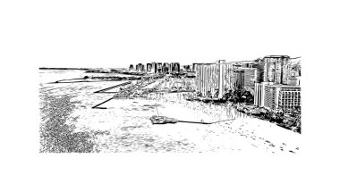 Honolulu 'nun simgesi olan Print Building View Hawaii' de bulunmaktadır. Vektörde elle çizilmiş çizim çizimi.