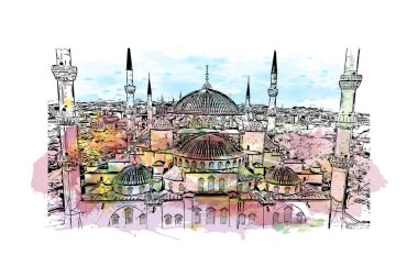 İstanbul 'un tarihi yapısına sahip Print Building view Türkiye' nin büyük bir kentidir. Vektörde elle çizilmiş resim ile suluboya sıçraması.