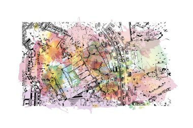 İstanbul 'un tarihi yapısına sahip Print Building view Türkiye' nin büyük bir kentidir. Vektörde elle çizilmiş resim ile suluboya sıçraması.