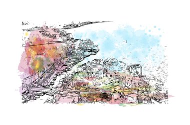 İstanbul 'un tarihi yapısına sahip Print Building view Türkiye' nin büyük bir kentidir. Vektörde elle çizilmiş resim ile suluboya sıçraması.