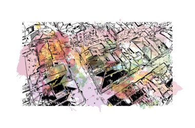 İstanbul 'un tarihi yapısına sahip Print Building view Türkiye' nin büyük bir kentidir. Vektörde elle çizilmiş resim ile suluboya sıçraması.