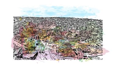 İstanbul 'un tarihi yapısına sahip Print Building view Türkiye' nin büyük bir kentidir. Vektörde elle çizilmiş resim ile suluboya sıçraması.