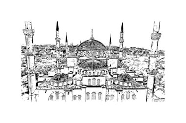 İstanbul 'un tarihi yapısına sahip Print Building view Türkiye' nin büyük bir kentidir. Vektörde elle çizilmiş çizim çizimi.