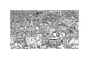 İstanbul 'un tarihi yapısına sahip Print Building view Türkiye' nin büyük bir kentidir. Vektörde elle çizilmiş çizim çizimi.