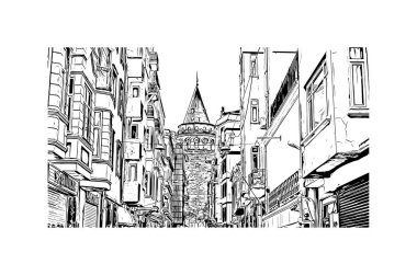 İstanbul 'un tarihi yapısına sahip Print Building view Türkiye' nin büyük bir kentidir. Vektörde elle çizilmiş çizim çizimi.