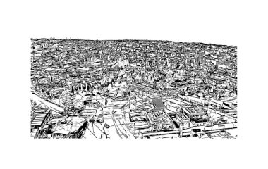 İstanbul 'un tarihi yapısına sahip Print Building view Türkiye' nin büyük bir kentidir. Vektörde elle çizilmiş çizim çizimi.
