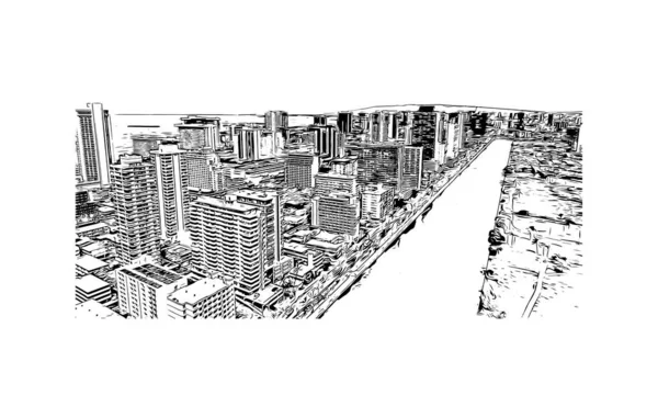 Imprimir Vista Del Edificio Con Punto Referencia Honolulu Ciudad Hawái — Vector de stock